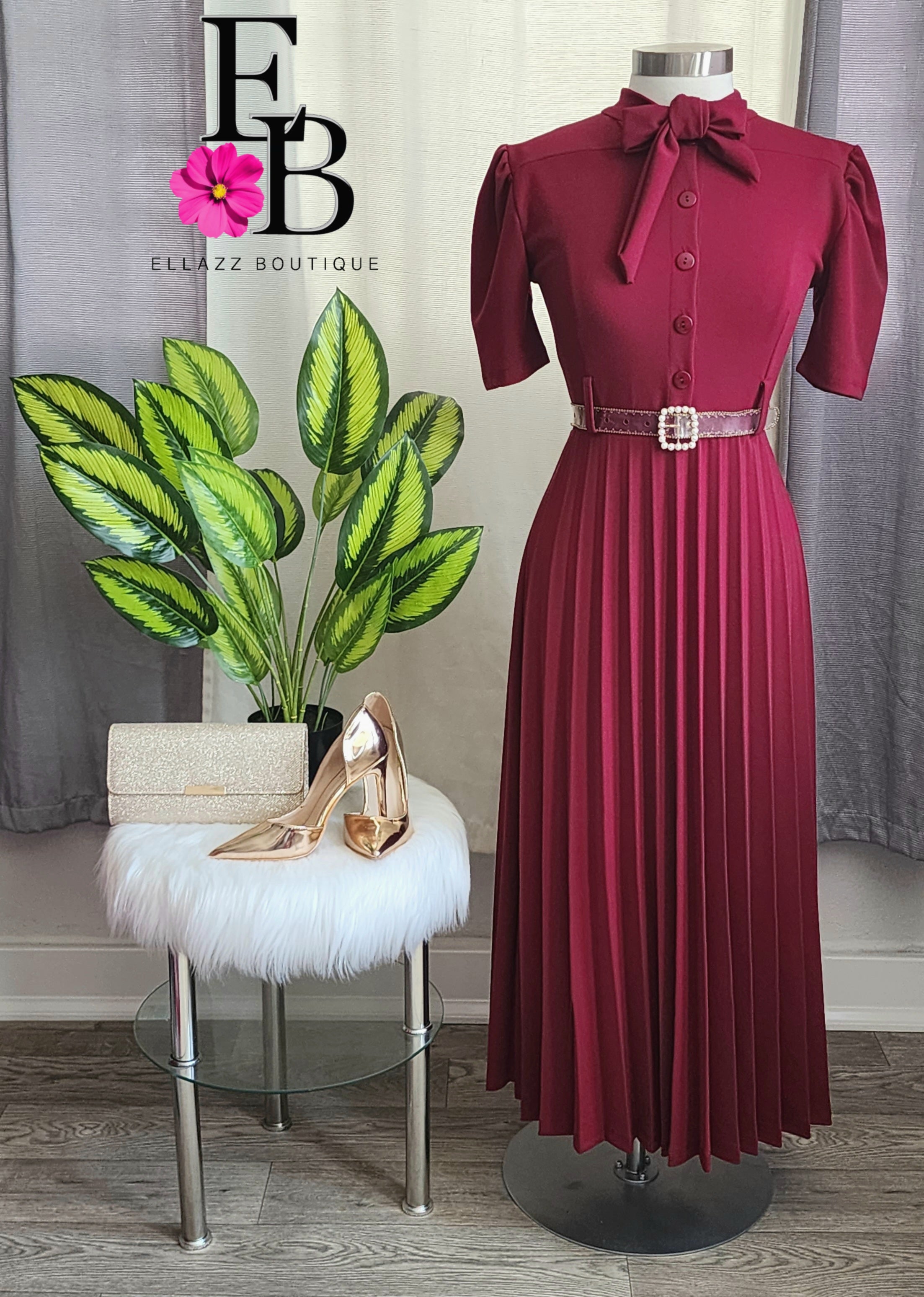 Burgundy Pleated Maxi Dress