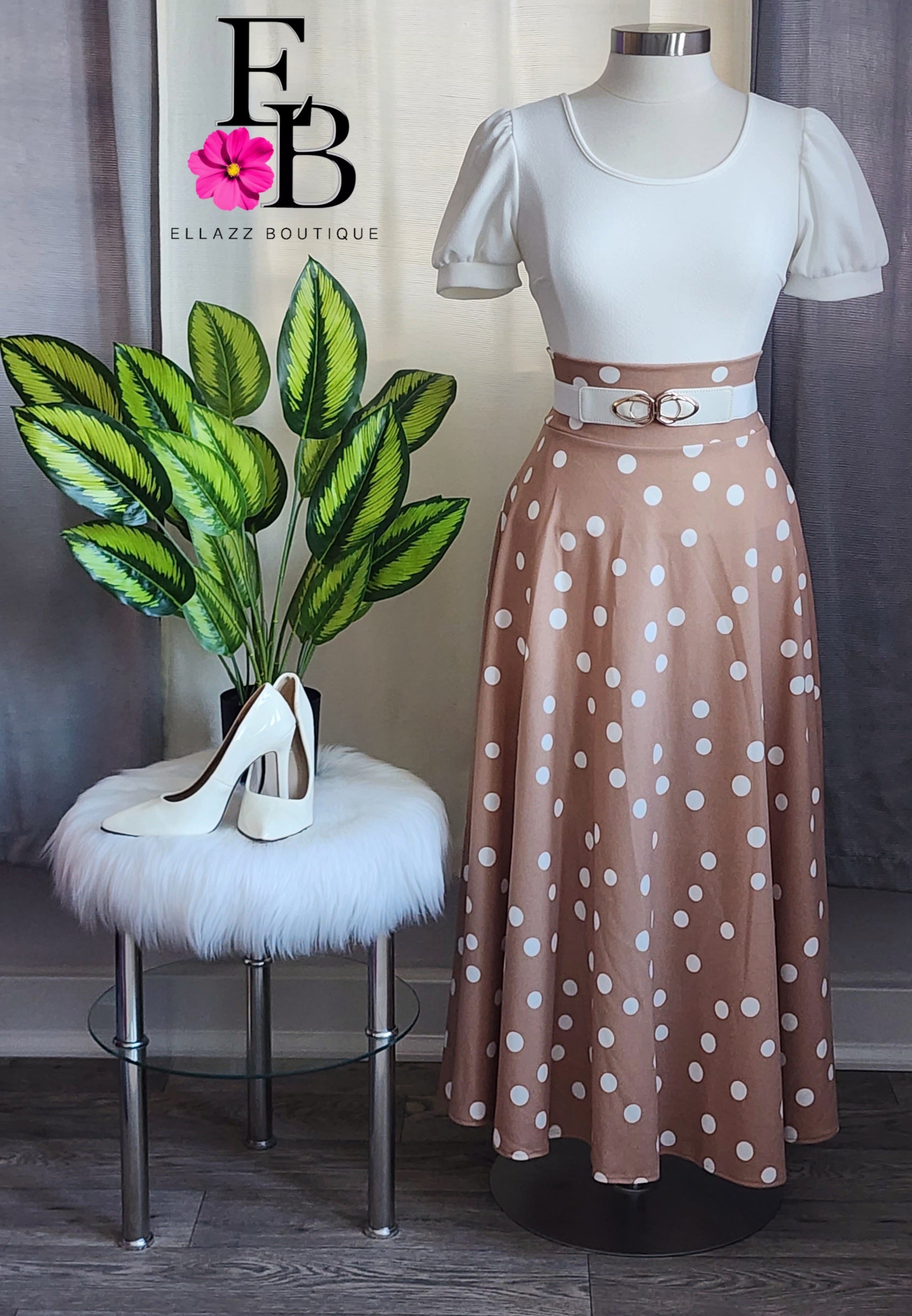 Beige Polka Dot Maxi Skirt